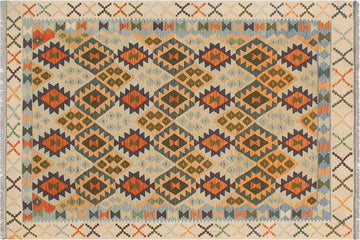 Flat Weave Kilim, Antique, Navaho, Vintage, Handmade, Geometric Kilim Blue Beige Hand-Woven Rectangle 100% Wool Area Rug 5 x 7